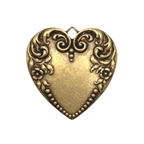 Brass Stamping, Floral Heart Pendant, 07250, Brass Ox, Brass Stamping,  Pendant, Heart, Floral Design, Victorian, 32mm, Heart Charm, US Made,  Nickel